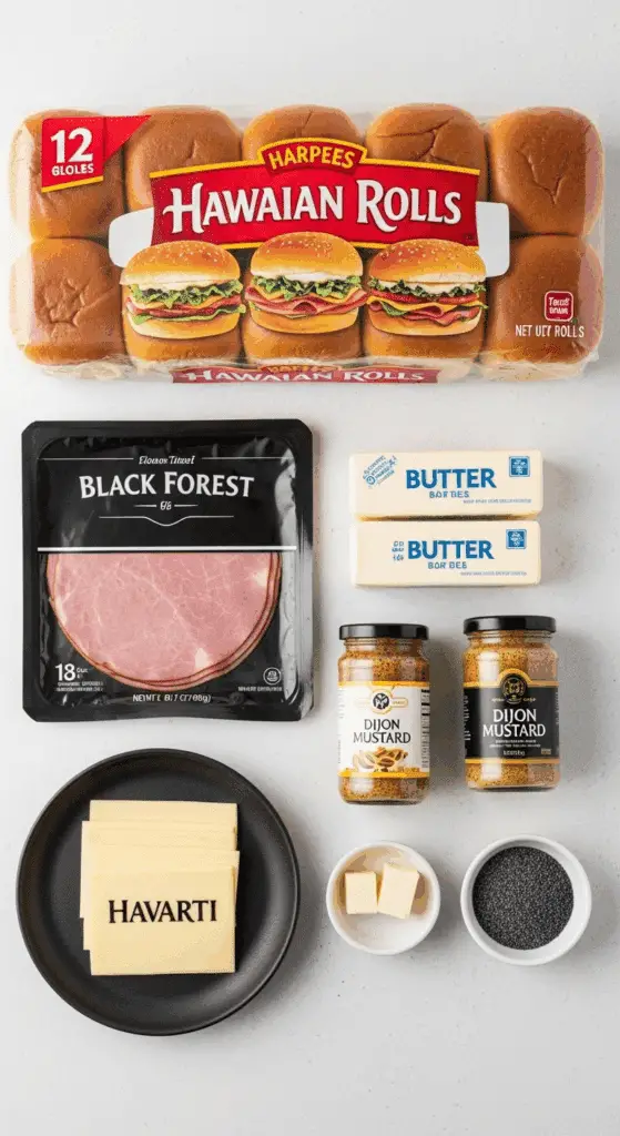 Ingredients for the easy Ham and Cheese Sliders on Hawaiian rolls.