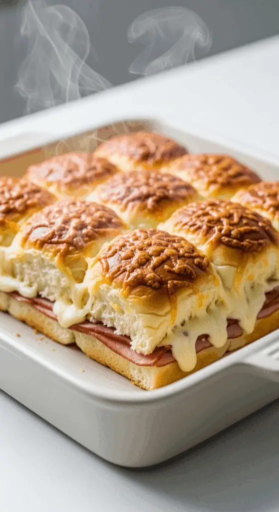 The finished, golden-brown baked Ham and Cheese Sliders fresh from the oven.