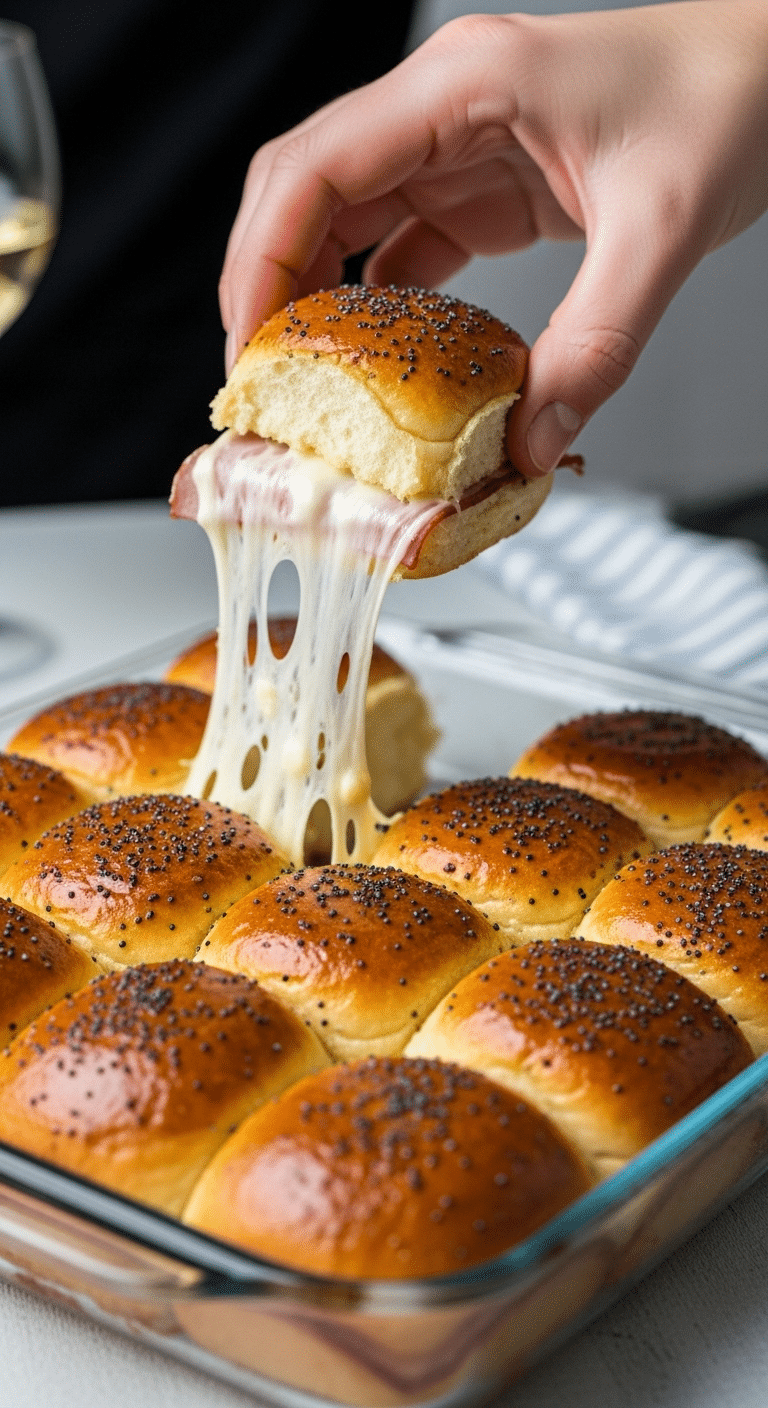 A hand pulling a gooey, cheesy Ham and Cheese Slider from a baking dish.