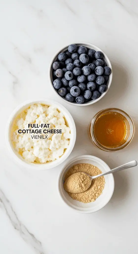 The four simple ingredients for the High Protein Blueberry Cottage Cheese Ice Cream.