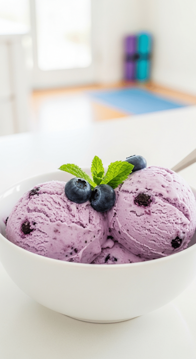 A bowl of homemade, high-protein Blueberry Cottage Cheese Ice Cream.