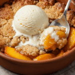 A close-up of a warm bowl of homemade Peach Cobbler with a scoop of vanilla ice cream melting on top.