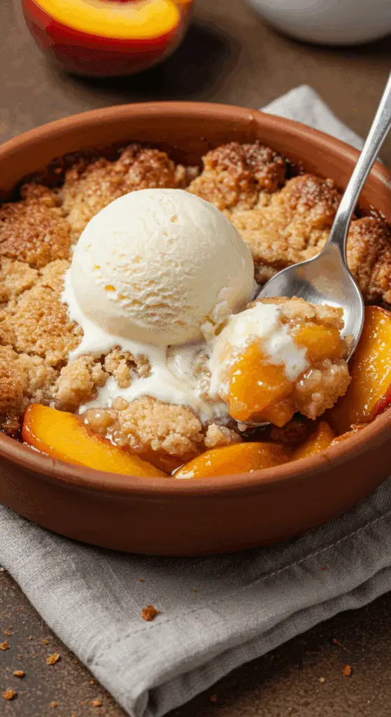 A close-up of a warm bowl of homemade Peach Cobbler with a scoop of vanilla ice cream melting on top.