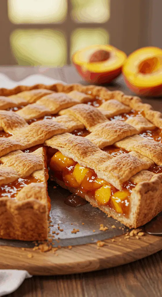 A beautiful, homemade Peach Pie with a perfect golden-brown lattice crust and a slice removed.