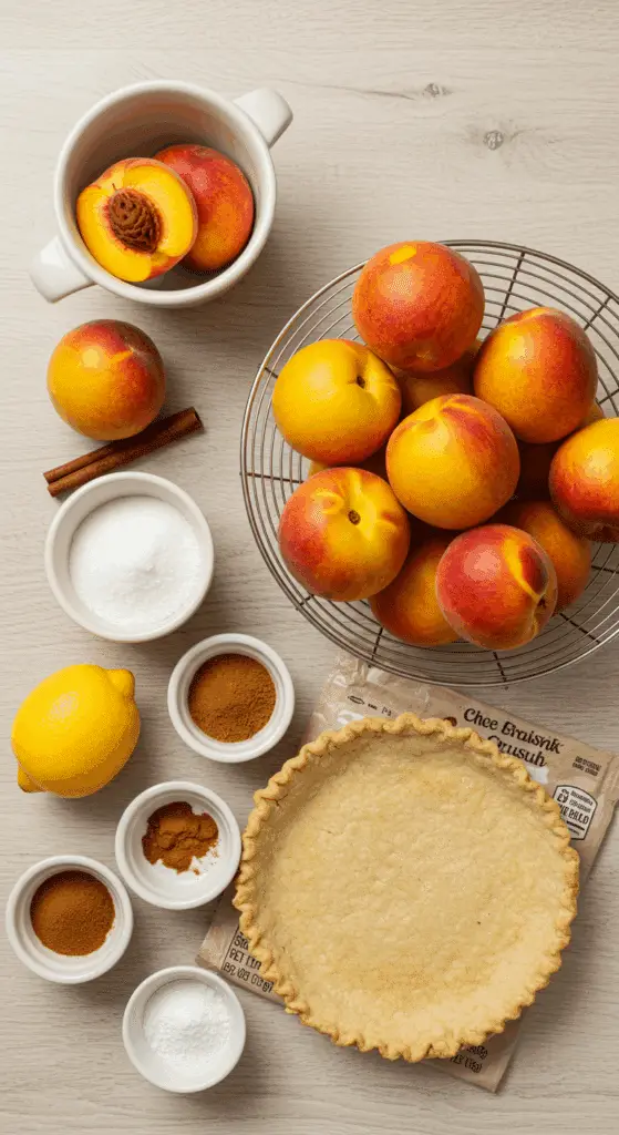 The fresh, simple ingredients for the homemade Peach Pie recipe, including fresh peaches and pie crust.