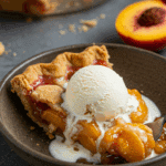 A perfect slice of warm homemade Peach Pie with a large scoop of melting vanilla ice cream.