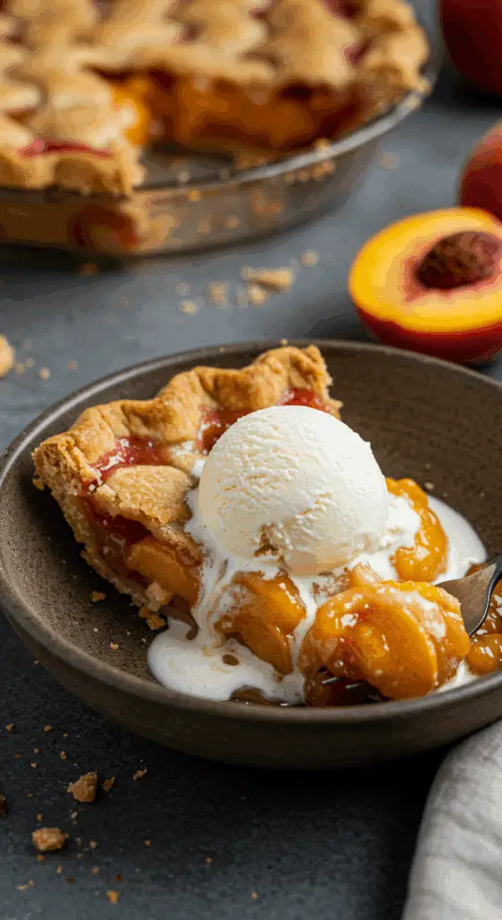 A perfect slice of warm homemade Peach Pie with a large scoop of melting vanilla ice cream.