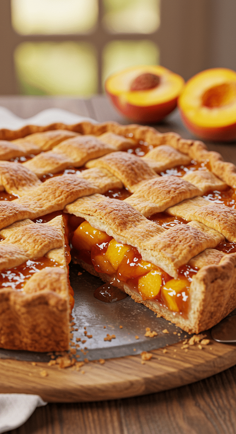 A beautiful, homemade Peach Pie with a perfect golden-brown lattice crust and a slice removed.