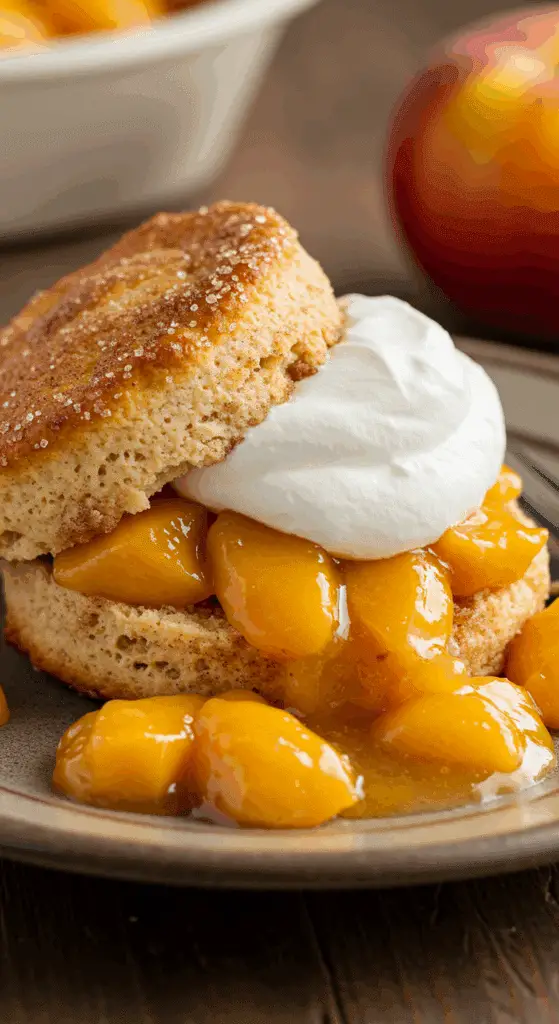 A beautiful, homemade Peaches 'n Cream Shortcake with a warm biscuit, juicy peaches, and a dollop of whipped cream.