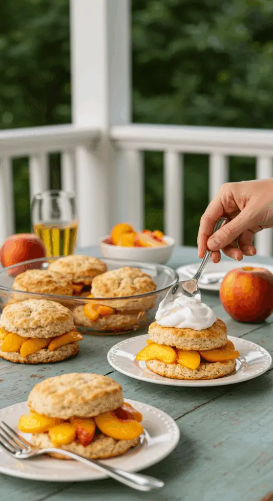 Serving a beautiful, homemade Peaches 'n Cream Shortcake at a summer gathering.