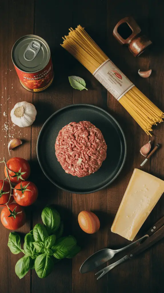 The classic ingredients for homemade Spaghetti and Meatballs laid out on a table.