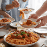 A family enjoying a large platter of Spaghetti and Meatballs for dinner.