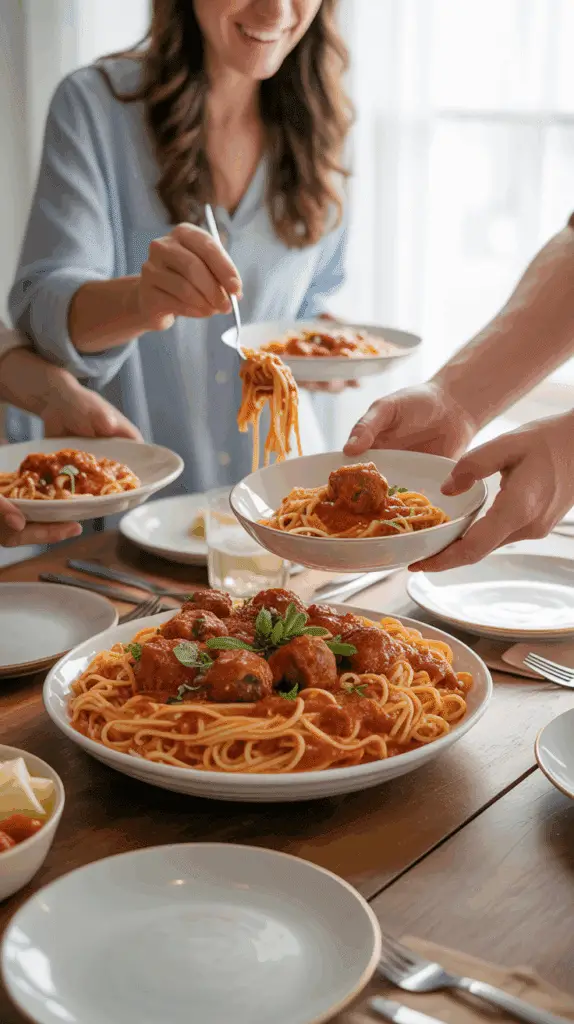 A family enjoying a large platter of Spaghetti and Meatballs for dinner.