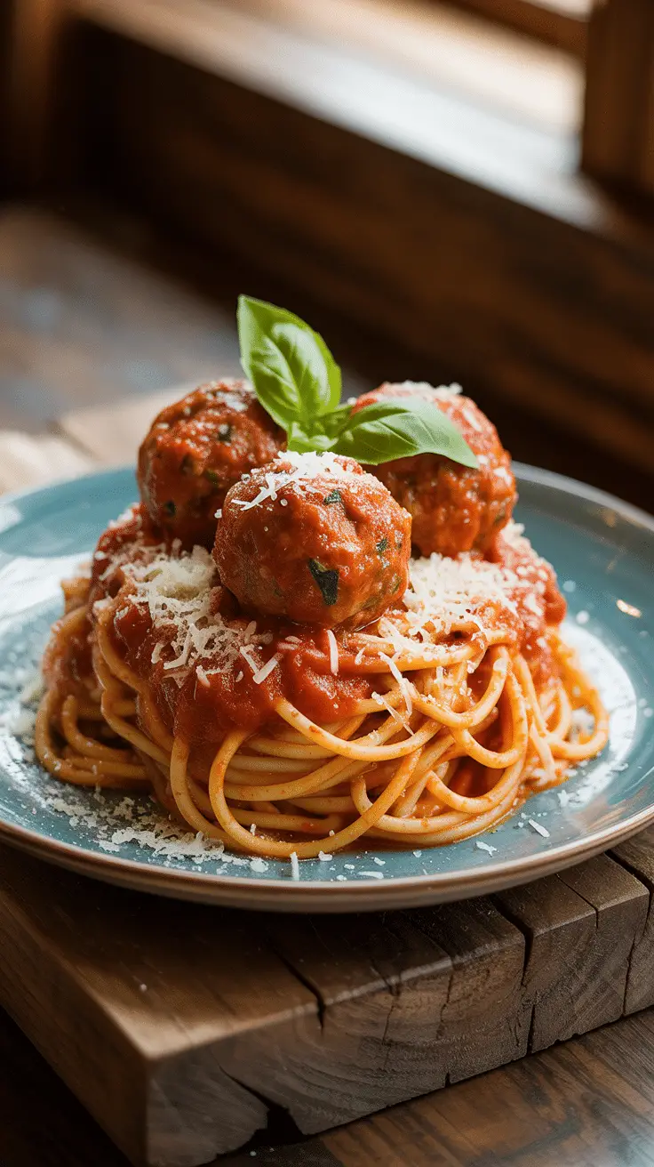 A perfect plate of homemade Spaghetti and Meatballs with rich tomato sauce and Parmesan cheese.