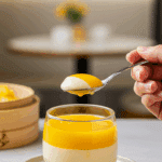 A person taking a creamy spoonful of a delicious Hong Kong-style Mango Pudding.
