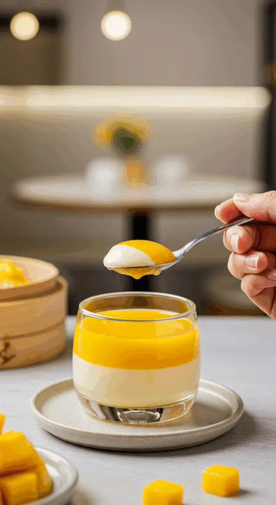 A person taking a creamy spoonful of a delicious Hong Kong-style Mango Pudding.