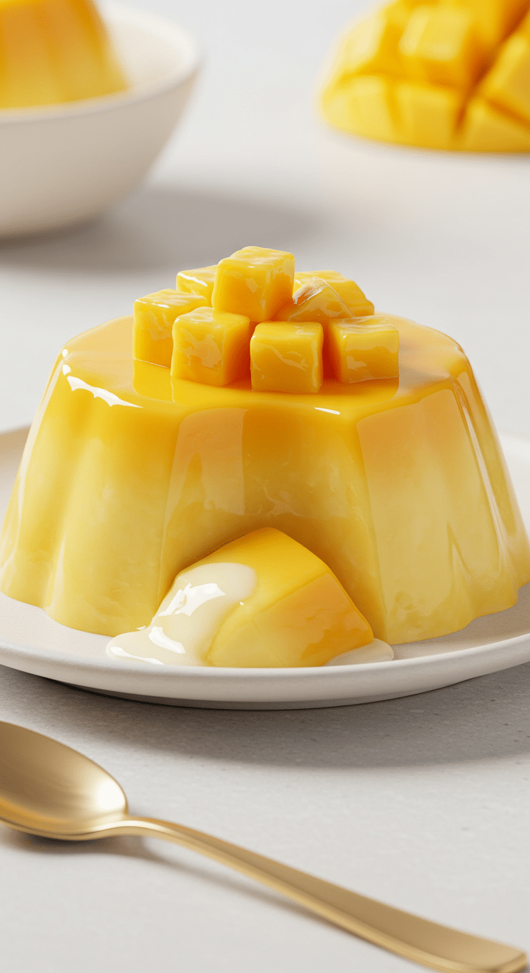 A beautiful, smooth, and silky unmolded Hong Kong-style Mango Pudding, garnished with fresh mango.