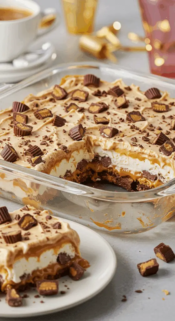 A beautiful, layered No-Bake Ice Cream Lasagna with one perfect slice removed to show the layers.