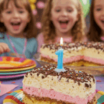A festive slice of Ice Cream Lasagna with a candle on a plate at a birthday party.