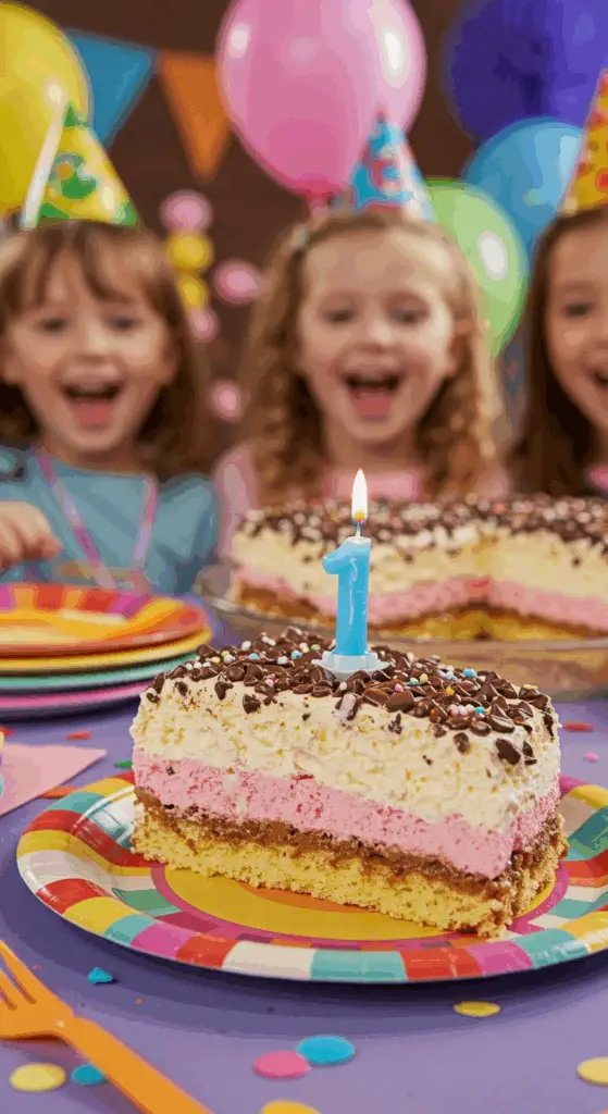 A festive slice of Ice Cream Lasagna with a candle on a plate at a birthday party.