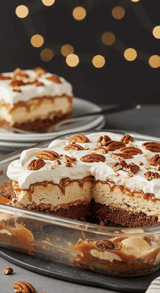 A beautiful, layered Ice Cream Sandwich Cake in a glass dish with one perfect slice removed.