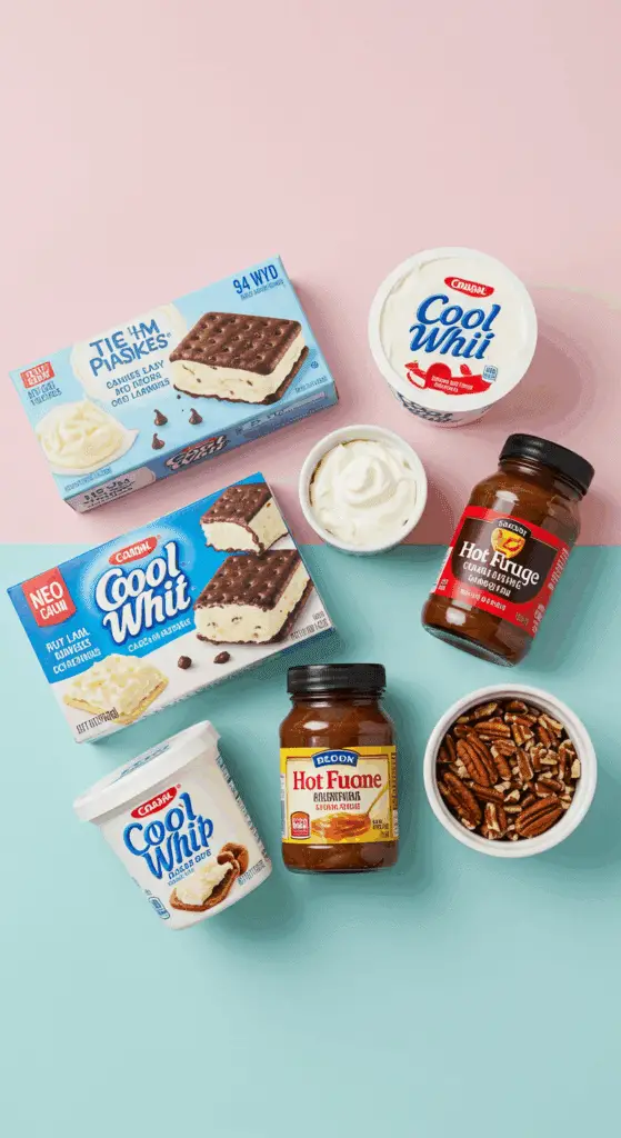 The 5 simple, store-bought ingredients for the easy Ice Cream Sandwich Cake recipe.
