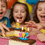 A child at a birthday party, excited to eat a slice of the Ice Cream Sandwich Cake.