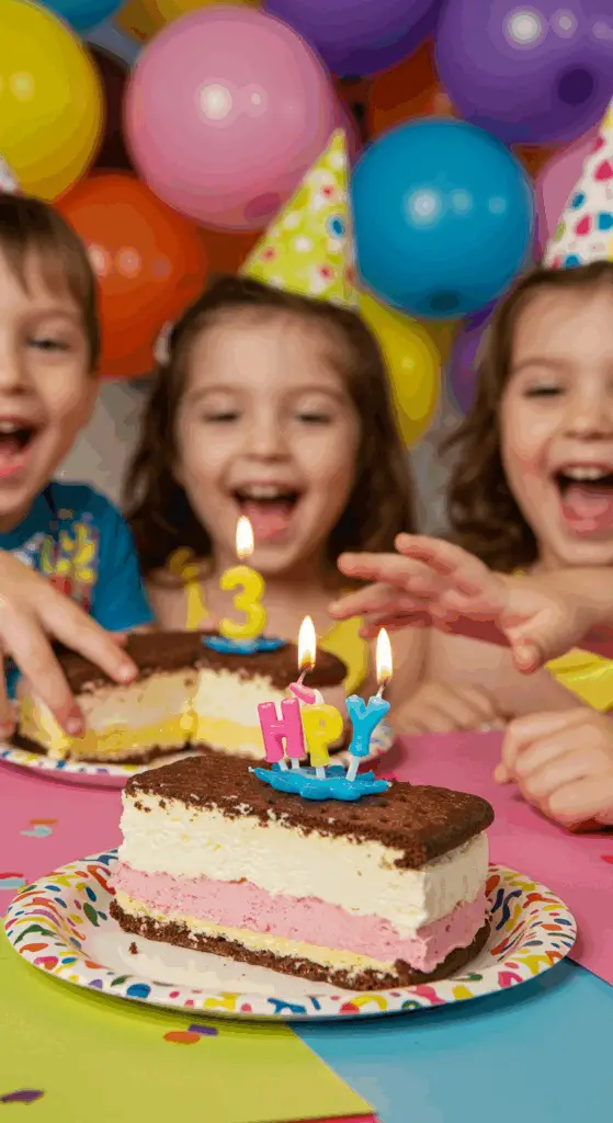 A child at a birthday party, excited to eat a slice of the Ice Cream Sandwich Cake.