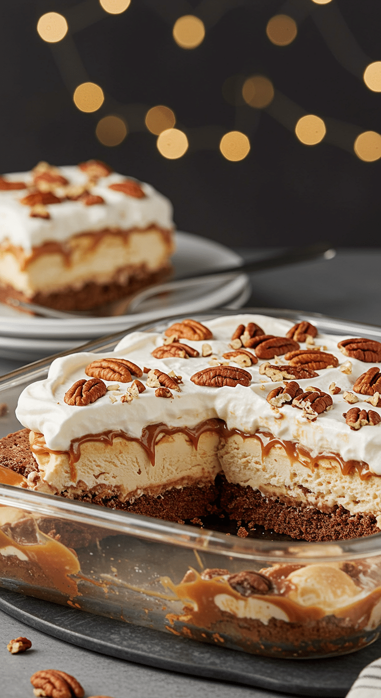 A beautiful, layered Ice Cream Sandwich Cake in a glass dish with one perfect slice removed.