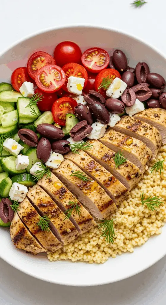A healthy and colorful, finished Instant Pot Greek Chicken Bowl.