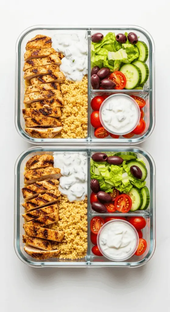 Meal prep containers with the separate components for the Instant Pot Greek Chicken Bowls.