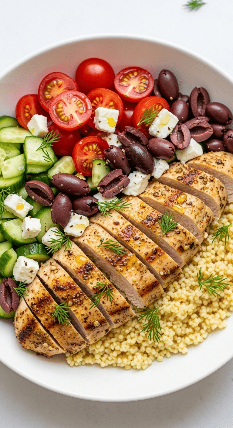 A healthy and colorful, finished Instant Pot Greek Chicken Bowl.