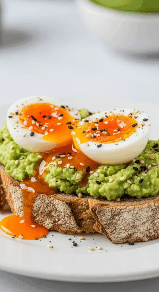 A slice of avocado toast topped with two halves of a perfect Jammy Egg.