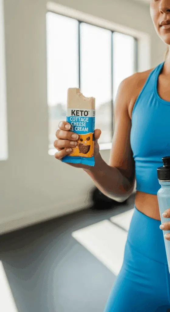 A hand holding a high-protein Keto Cottage Cheese Ice Cream Bar with a bite taken out.