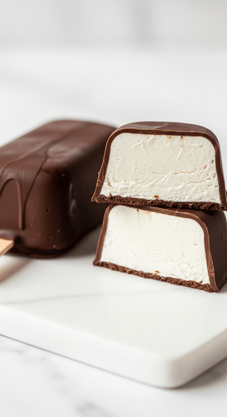 Two finished, homemade Keto Cottage Cheese Ice Cream Bars, one cut in half.