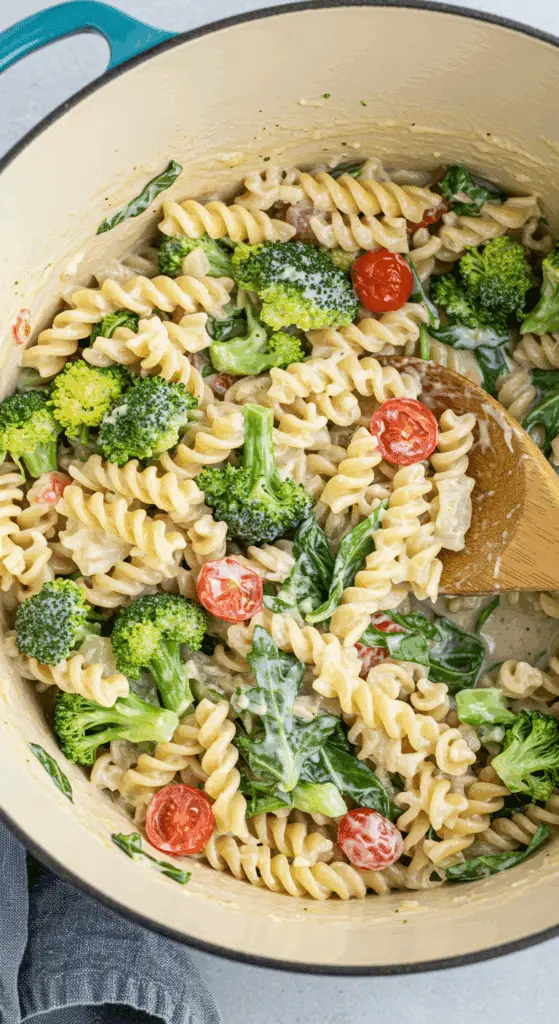 A Dutch oven filled with homemade, one-pot Creamy Lemon Pasta.