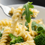 A forkful of the finished, creamy One-Pot Lemon Pasta.