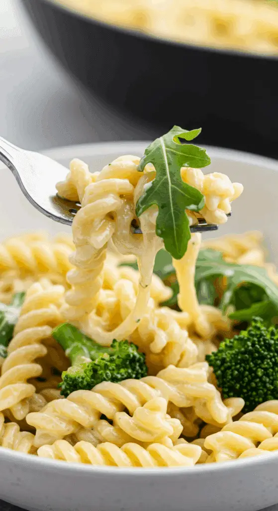 A forkful of the finished, creamy One-Pot Lemon Pasta.