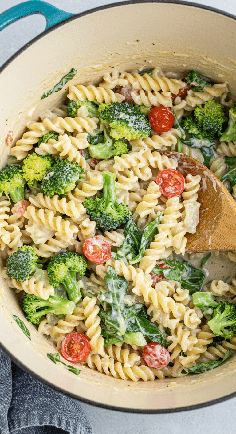 A Dutch oven filled with homemade, one-pot Creamy Lemon Pasta.