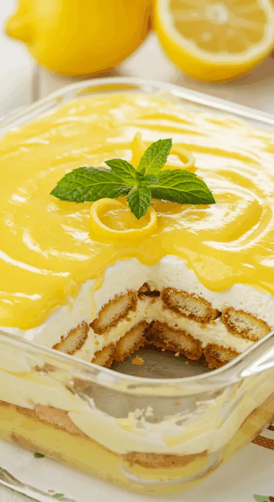 A stunning, layered Limoncello Tiramisu in a glass dish with a perfect slice removed.
