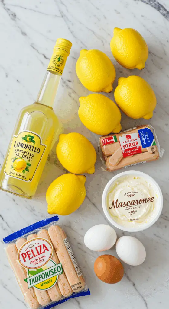 The beautiful, fresh ingredients for the Limoncello Tiramisu recipe, including limoncello, lemons, and mascarpone.