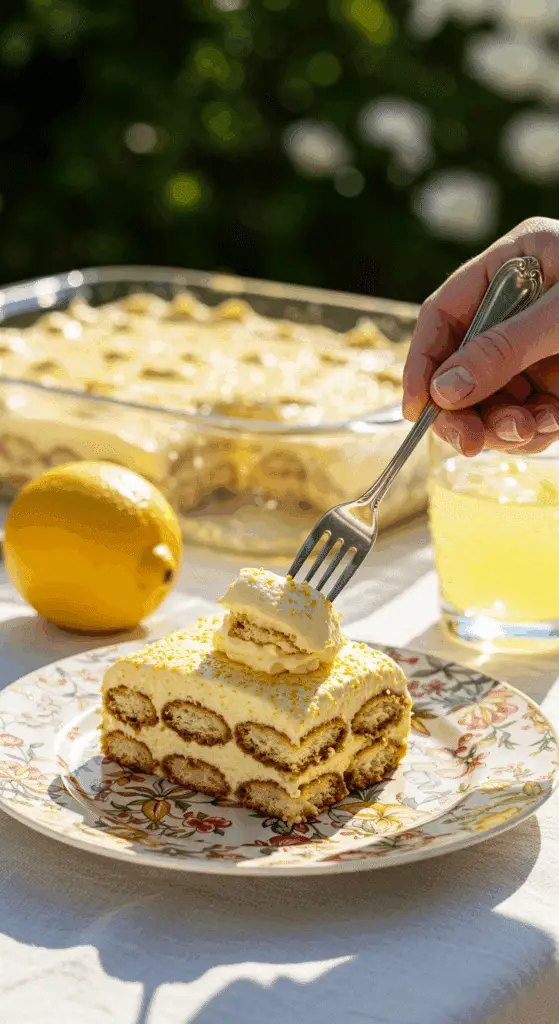 An elegant slice of Limoncello Tiramisu being served at a sunny, outdoor dinner party.