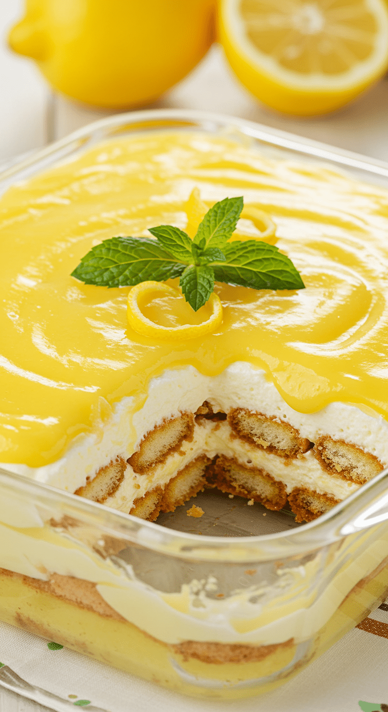 A stunning, layered Limoncello Tiramisu in a glass dish with a perfect slice removed.