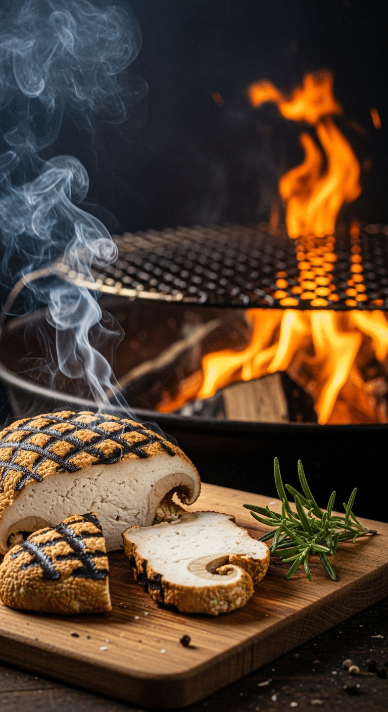 A finished, grilled Lion’s Mane Mushroom Steak, sliced to show the interior.