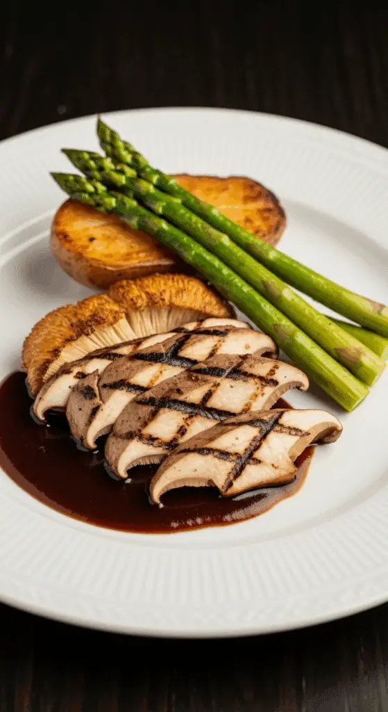 A plated meal of sliced Lion's Mane Mushroom Steak with grilled asparagus.