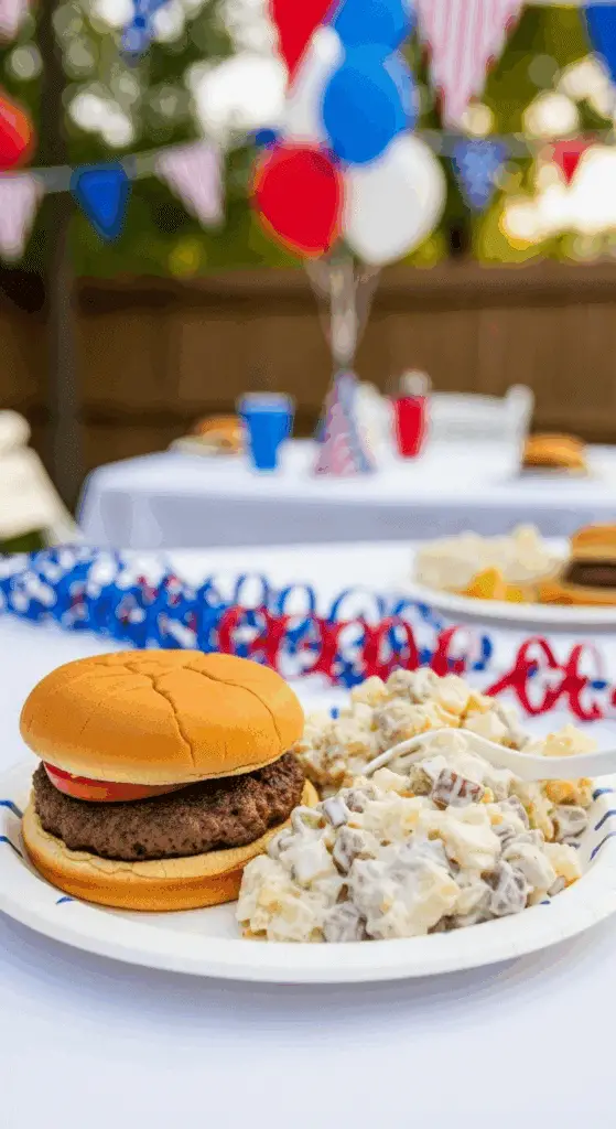 A serving of Loaded Baked Potato Salad on a plate at a 4th of July cookout.