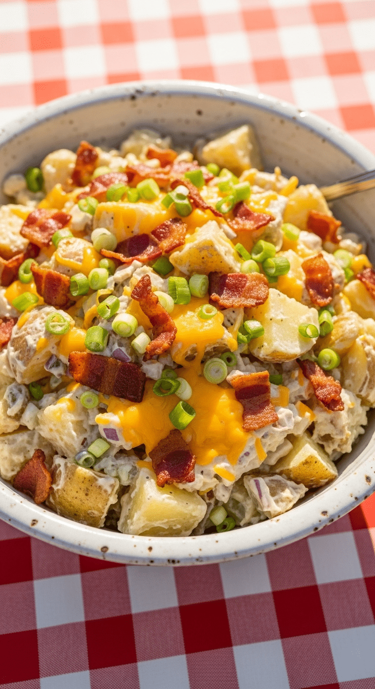 A large bowl of homemade Loaded Baked Potato Salad at a barbecue.