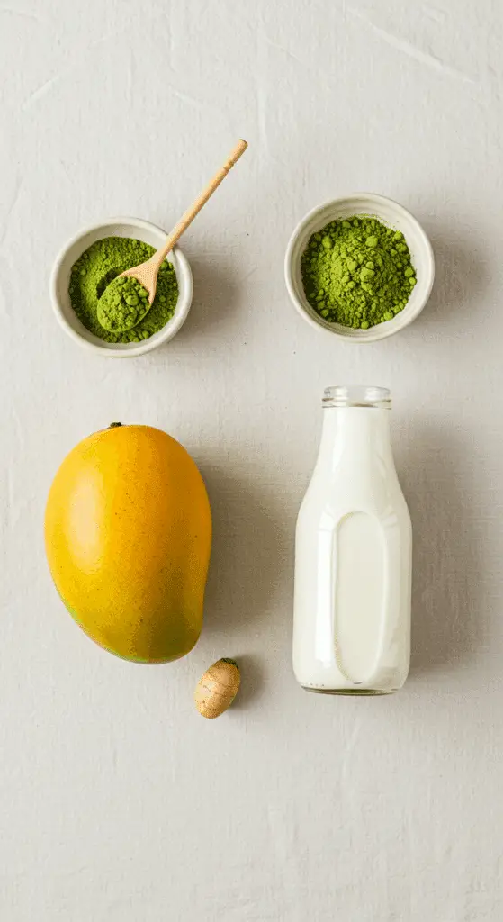 The simple, fresh ingredients for the Mango Matcha Latte recipe: a mango, matcha powder, milk, and honey.