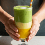 A person's hands holding a tall, refreshing glass of a layered Mango Matcha Latte.