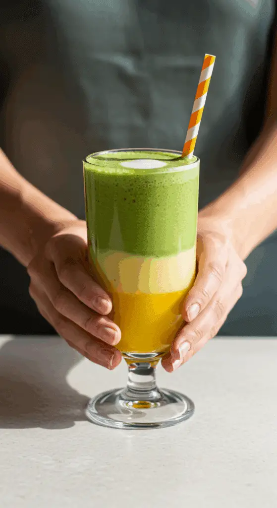 A person's hands holding a tall, refreshing glass of a layered Mango Matcha Latte.